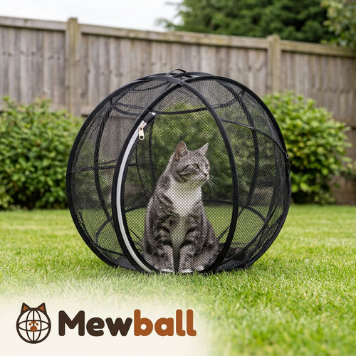 Mewball pop-up cat playpen ball on a garden lawn with a tabby cat inside