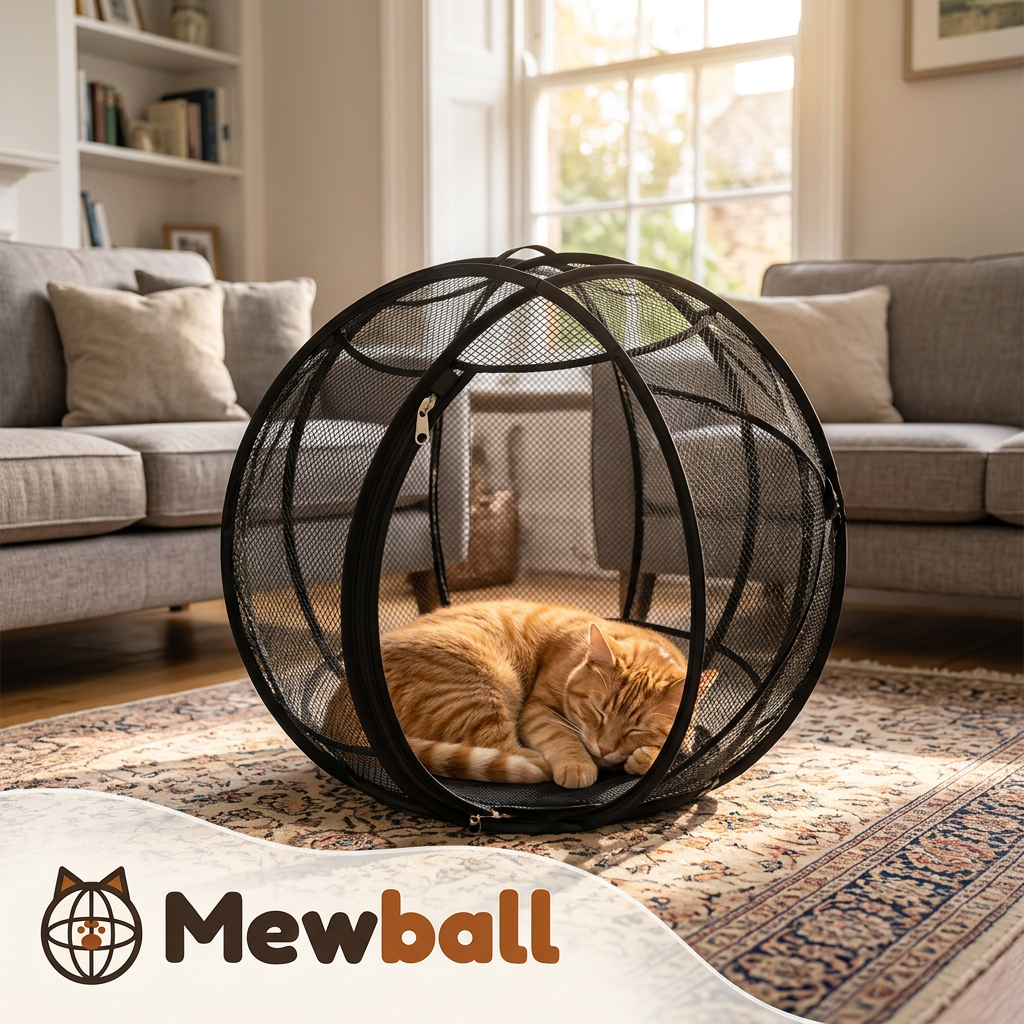 Ginger cat asleep inside the Mewball on a living-room rug