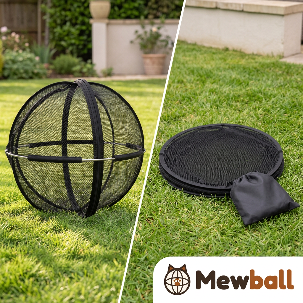 Mewball popped open next to the same ball folded flat with its bag