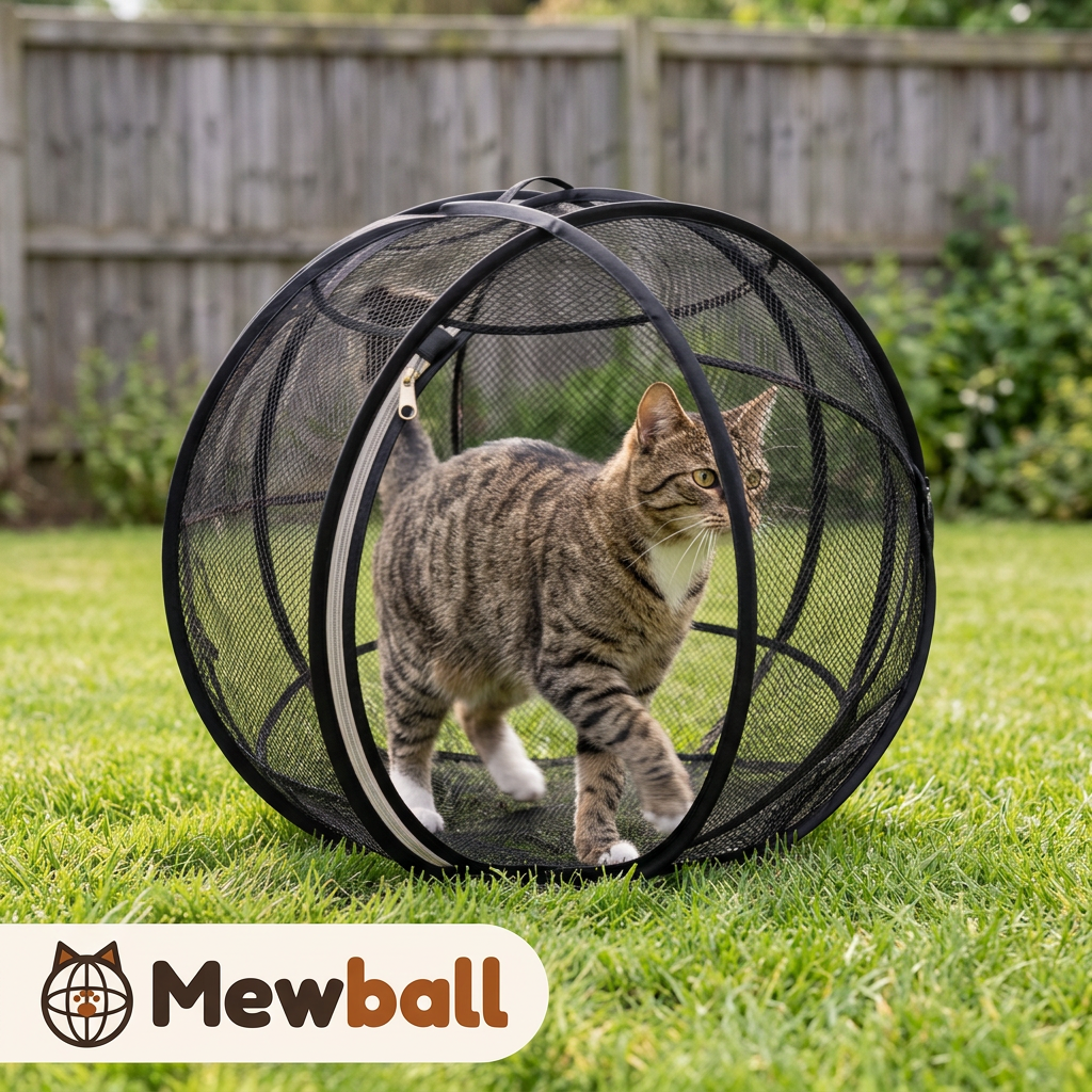Cat walking inside the Mewball so the ball rolls across the grass