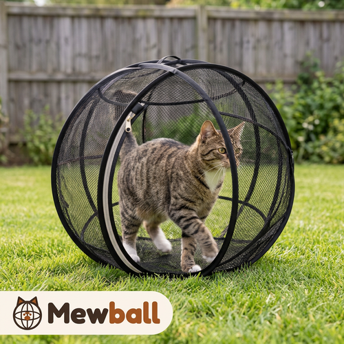 Cat walking inside the Mewball so the ball rolls across the grass