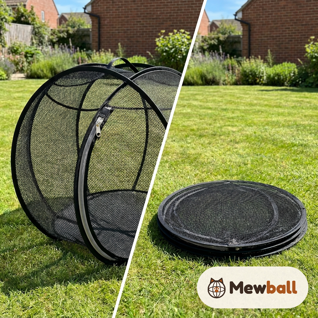 Mewball open on the lawn and folded flat