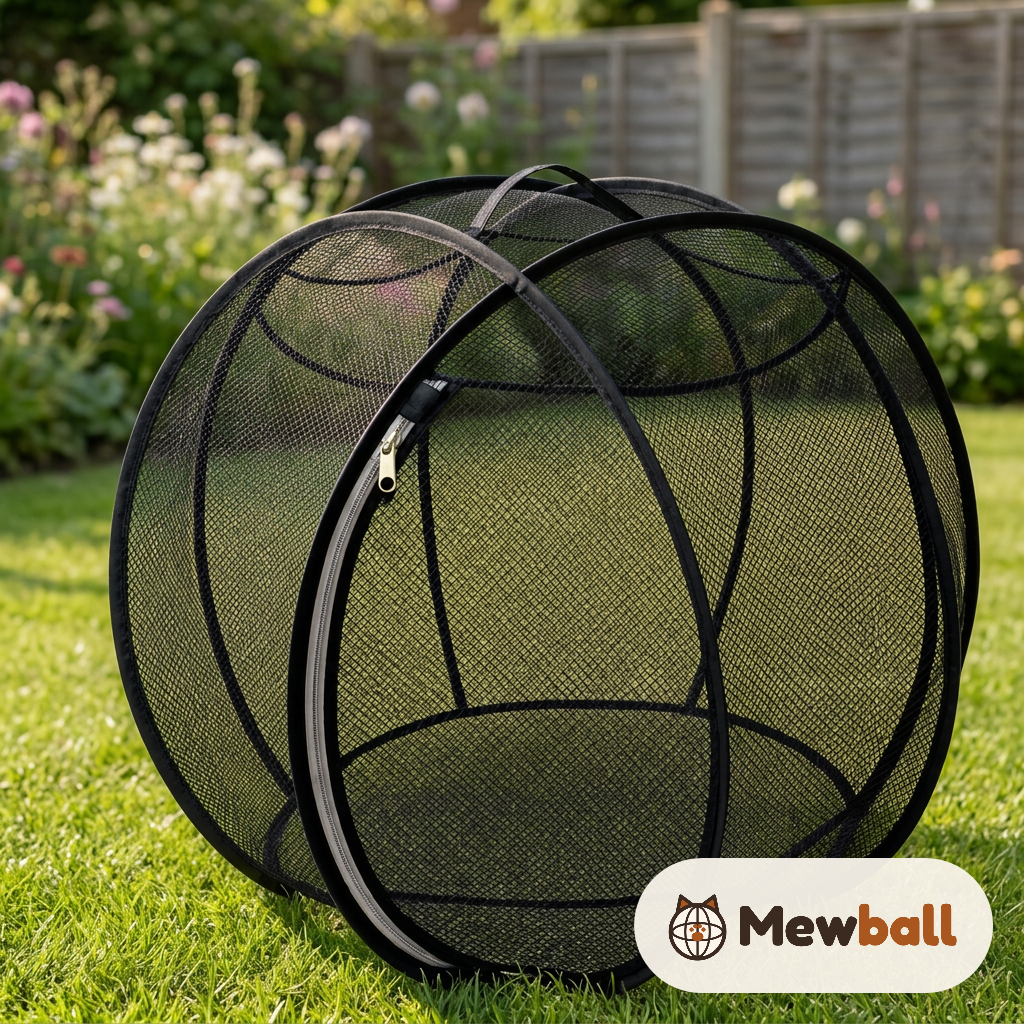 Mewball pop-up cat playpen on a garden lawn