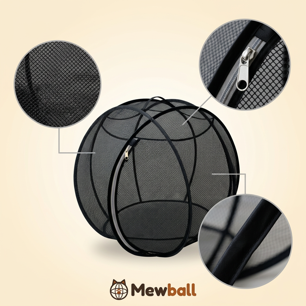 Close-up of the Mewball mesh, zip and frame